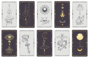 Ezoteryczne grawerunki liniowe z symbolami astrologicznymi. Karty z symbolami ezoterycznymi.