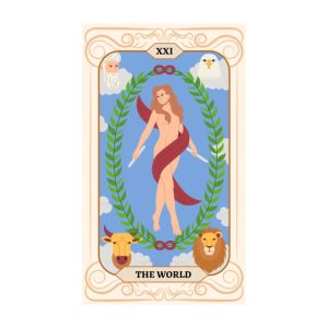 Projekt kart tarota Wielkich Arkanów. Ręcznie rysowany, płaski styl kreskówkowy. Świat