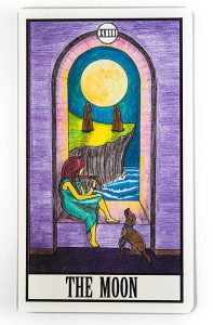 Karta tarota „Księżyc” na białym tle, dostępna w bardzo dużym rozmiarze