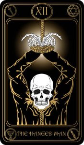 Wisielec. Dwunasta karta czarnych i złotych kart tarota Wielkich Arkanów. Ręcznie rysowana ilustracja wektorowa z czaszkami, symbolami okultystycznymi, mistycznymi i ezoterycznymi.