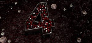 Cyfra 4 napisana grubymi literami o organicznej czerwonej strukturze i białymi kulkami wewnątrz, na czarnym kamiennym tle z teksturą czerwonych linii i szklanych kulek. Ilustracja 3D.