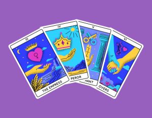 Karty tarota w stylu kreskówkowym, zestaw arkanów wielkich, koncepcja półkola, styl płaski, zawiera Hierofanta, Cesarza, Kochanków i Cesarzową. Ilustracja wektorowa.