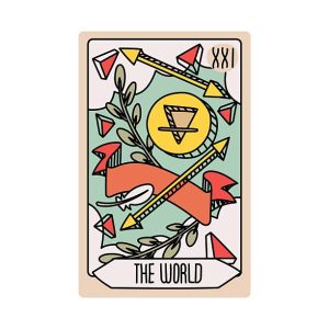 Karta tarota to Starszy Arkan Świat. Ręcznie rysowana talia wektorowa. Styl vintage z grawerowaniem. Symbolika okultystyczna i alchemiczna. Izolowana ilustracja jasnej wyroczni.