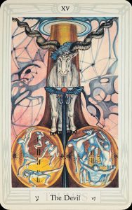 Karta numer XV z talii kart Thoth Tarot autorstwa Aleistera Crowleya – Diabeł.