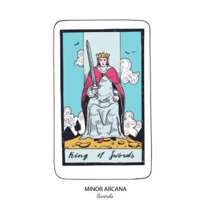 Wektorowa talia kart tarota. Zestaw Mieczy Małej Arkanii. Okultystyczne, ezoteryczne, duchowe karty tarota: As, Król, Królowa, Rycerz, Paź, znaki od Dwójki do Dziesiątki. Izolowane, kolorowe, ręcznie rysowane ilustracje.