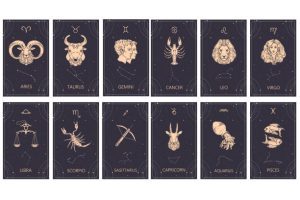 Zestaw znaków zodiaku. Baran, Byk, Bliźnięta, Rak, Panna, Lew, Waga, Skorpion, Strzelec, Koziorożec, Wodnik, Ryby.