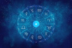Zachodni krąg astrologiczny z 12 symbolami zodiaku na pięknym, kolorowym tle rozgwieżdżonego nieba. Ilustracja wektorowa.