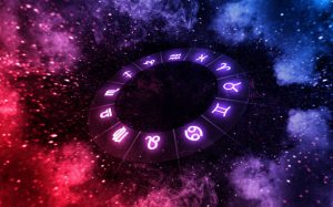 Znaki zodiaku wewnątrz kręgu horoskopu we wszechświecie. Astrologia i horoskopy