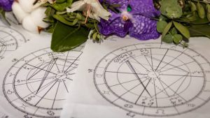 Wydrukowane wykresy astrologiczne z kwiatami w tle, motyw wiosenny